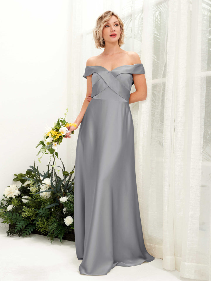 Steel Gray Bridesmaid Dresses Bridesmaid Dress A-line Satin Off Shoulder Full Length Short Sleeves Wedding Party Dress (80224207)