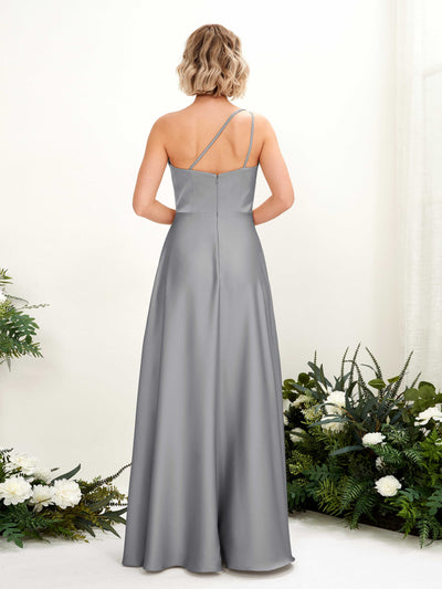 Carlyna Dinah A-Line Steel Gray Satin Bridesmaid Dress Maxi Sleeveless One Shoulder Dress Back View #color_steel-gray