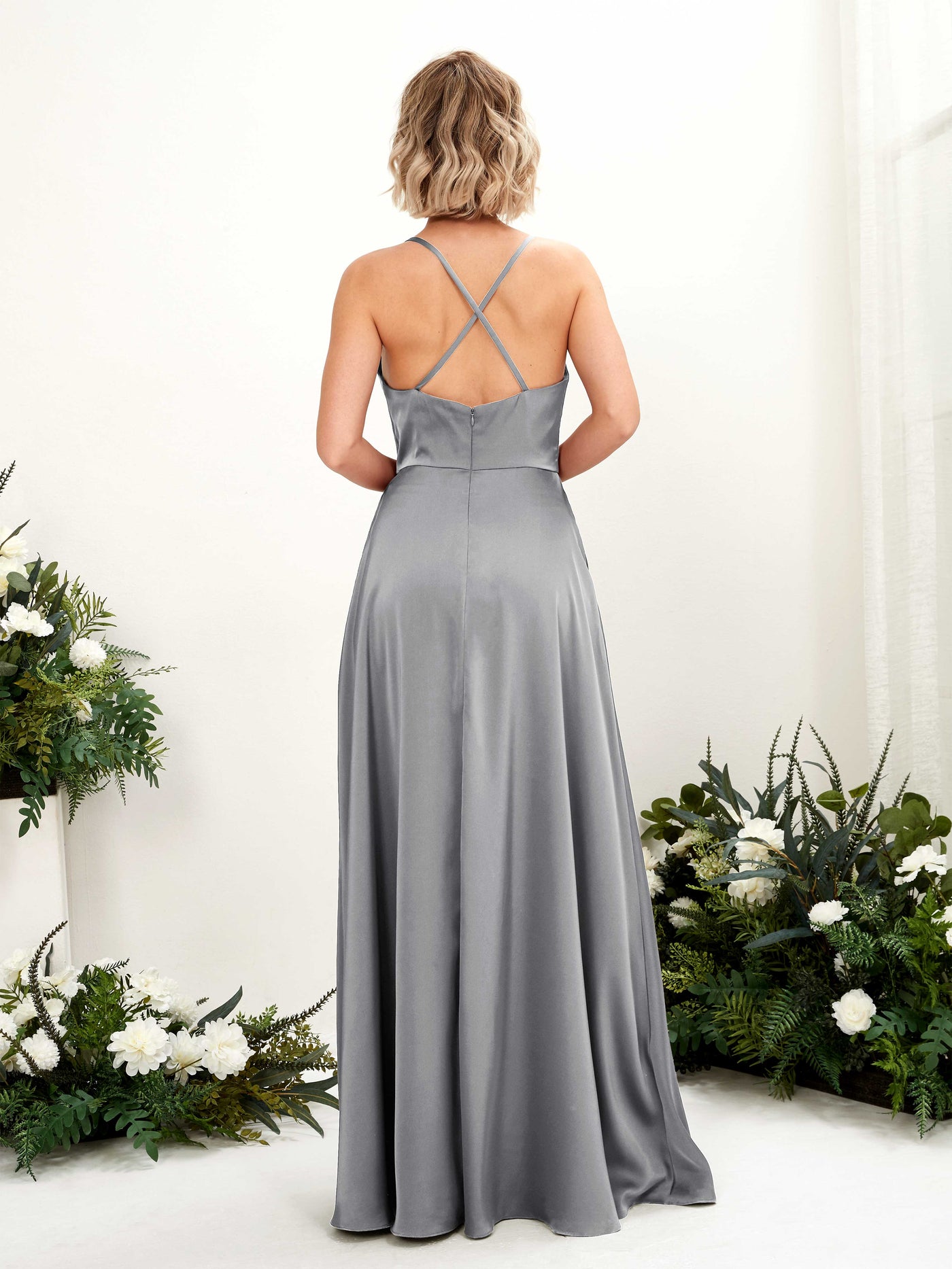 A-line Ball Gown Sexy Slit Straps Satin Bridesmaid Dress - Steel Gray (80222207)#color_steel-gray