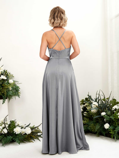 Carlyna Nydia A-Line Steel Gray Satin Bridesmaid Dress Maxi Sleeveless Cowl Neck Dress Back View #color_steel-gray
