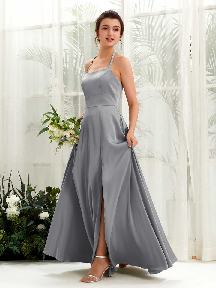 A-line Open back Sexy Slit Halter Bridesmaid Dress - Steel Gray (80223907)