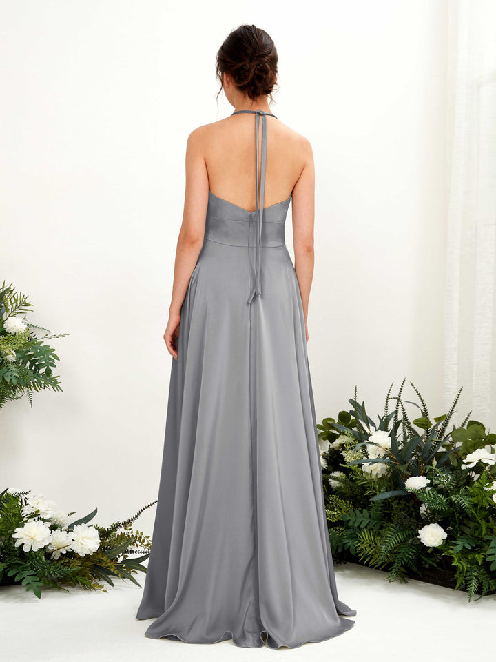 Steel Gray Satin Halter Bridesmaid Dress A-Line Floor-Length