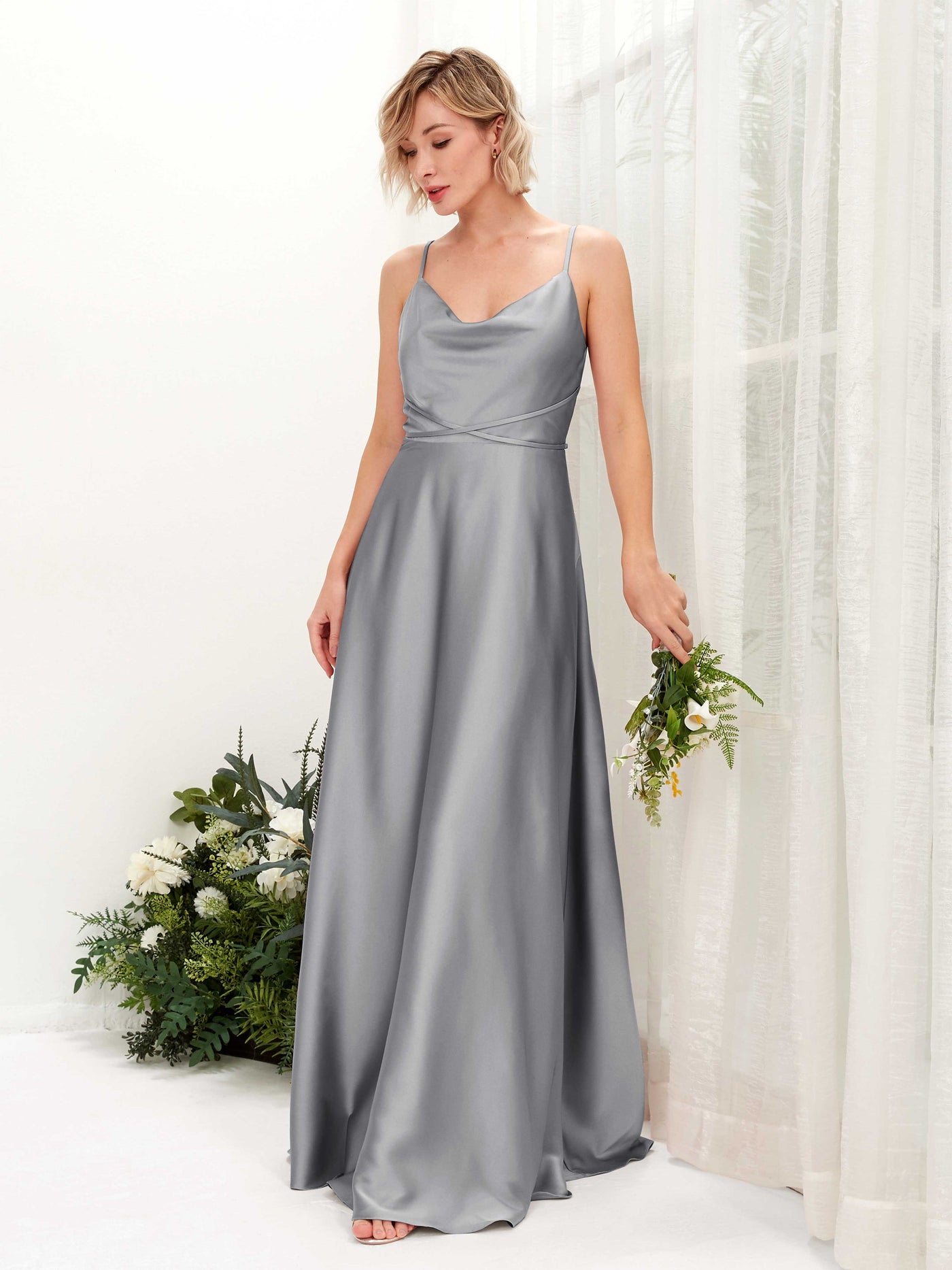 Sage Green Satin Cowl Neck Bridesmaid Dress A-Line Floor-Length