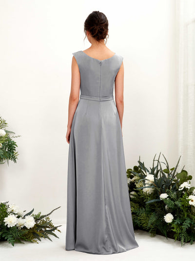Carlyna Irma A-Line Steel Gray Satin Bridesmaid Dress Maxi Sleeveless Cowl Neck Dress Back View #color_steel-gray