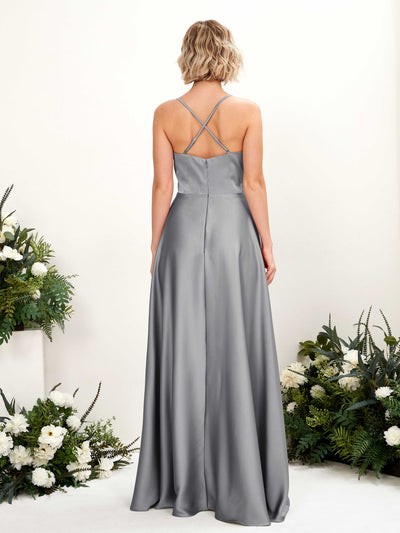 Carlyna Lenoya A-Line Steel Gray Satin Bridesmaid Dress Maxi Sleeveless V-Neck Dress Back View #color_steel-gray