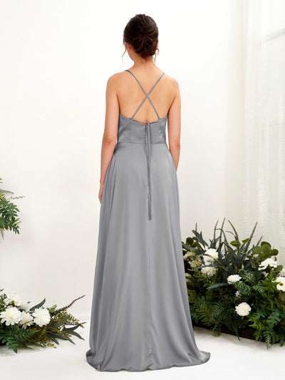 Carlyna Theresa A-Line Steel Gray Satin Bridesmaid Dress Maxi Sleeveless Cowl Neck Dress Back View #color_steel-gray