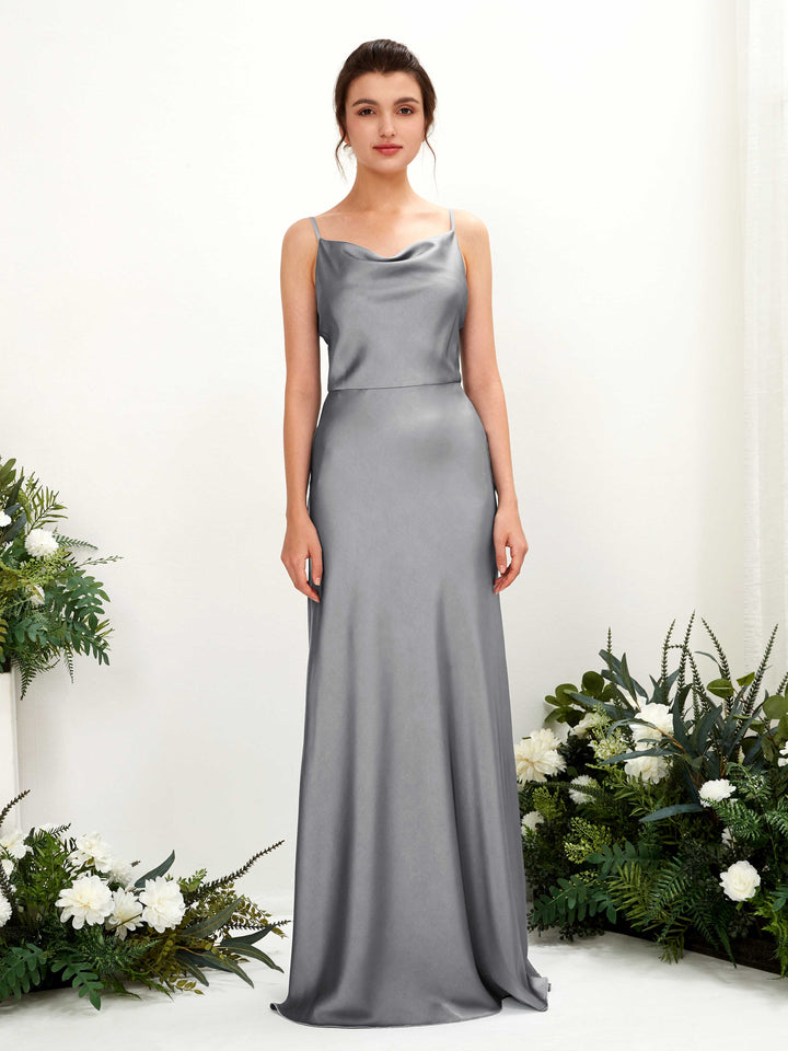 Steel Gray Satin Cowl Neck Bridesmaid Dress A-Line Floor-Length | Carlyna Steel Gray Satin Cowl Neck Bridesmaid Dress A-Line Floor-Length | Carlyna