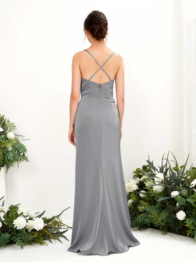 Carlyna Mavis Slim Steel Gray Satin Bridesmaid Dress Maxi Sleeveless Cowl Neck Dress Back View #color_steel-gray