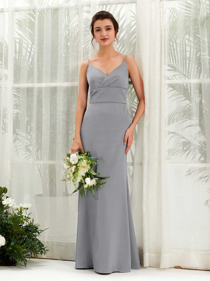 Steel Gray Satin V-Neck Bridesmaid Dress Mermaid Floor-Length | Carlyna Steel Gray Satin V-Neck Bridesmaid Dress Mermaid Floor-Length | Carlyna
