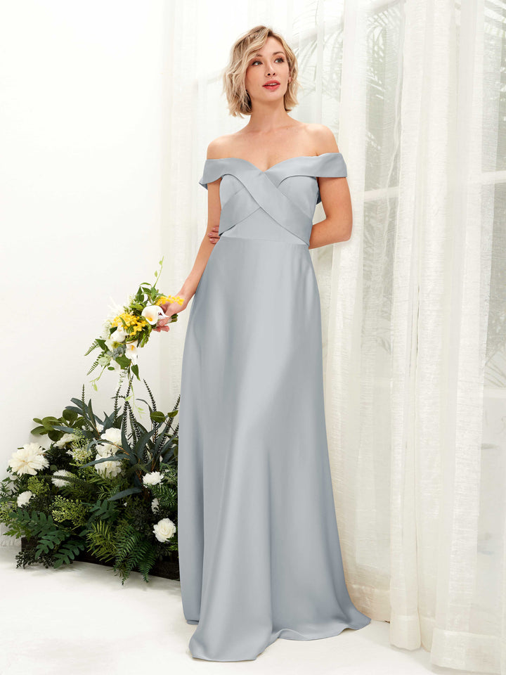 Baby Blue Bridesmaid Dresses Bridesmaid Dress A-line Satin Off Shoulder Full Length Short Sleeves Wedding Party Dress (80224201)