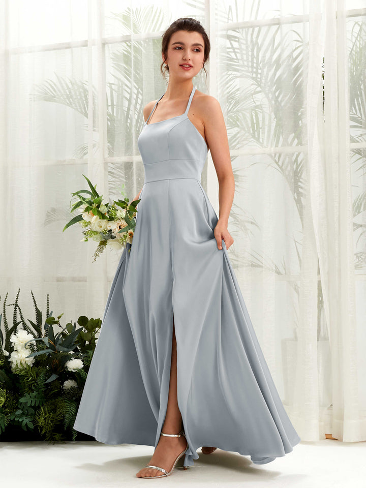 A-line Open back Sexy Slit Halter Bridesmaid Dress - Baby Blue (80223901)