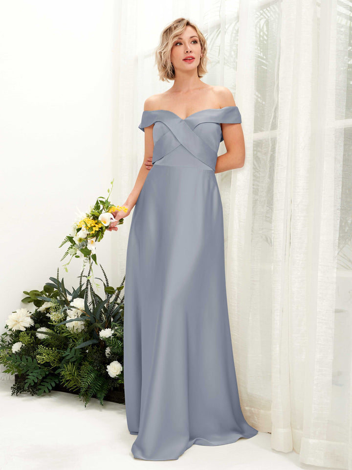 A-line Ball Gown Off Shoulder Sweetheart Satin Bridesmaid Dress - Dusty Blue (80224278)