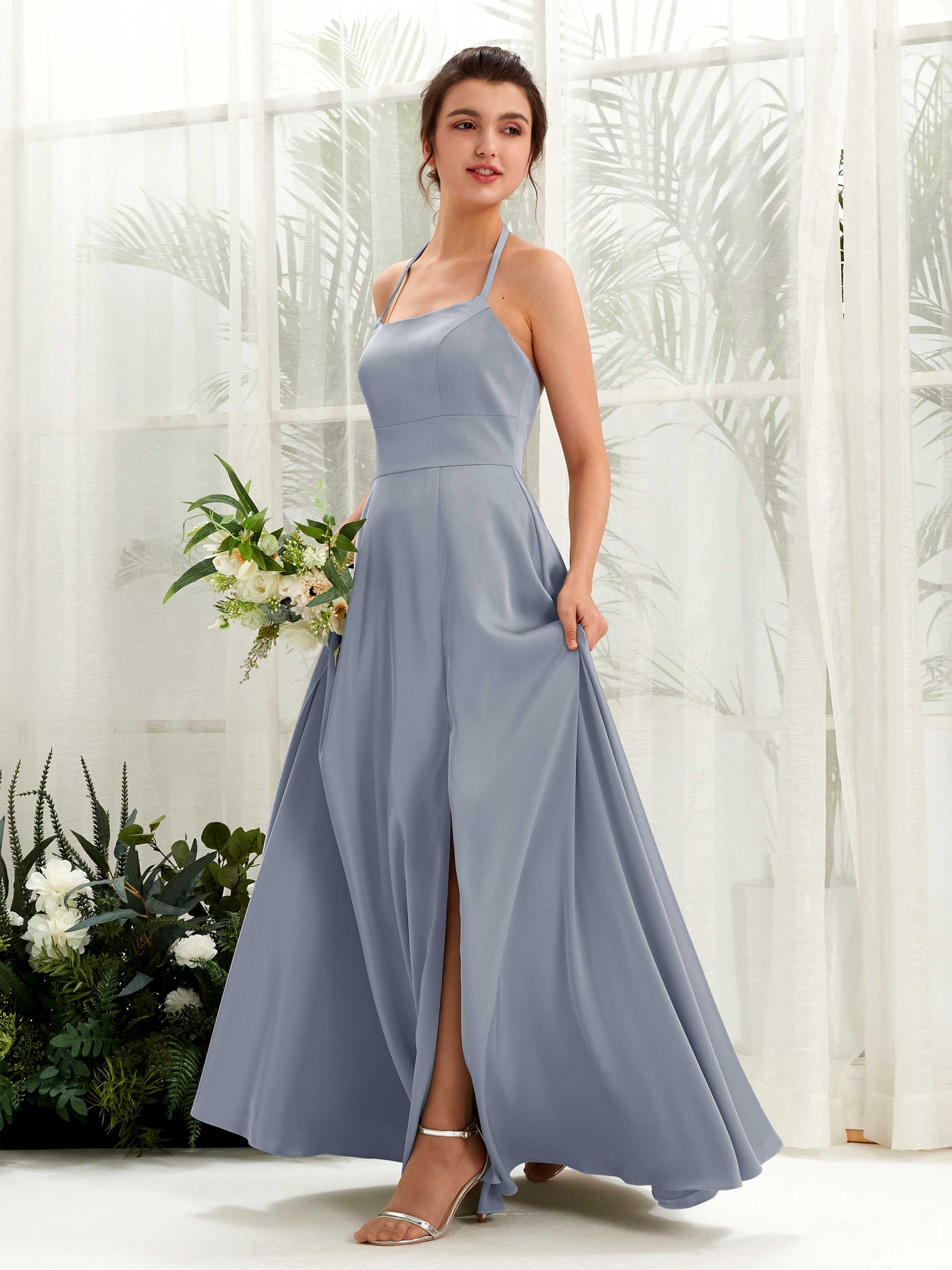 A-line Open back Sexy Slit Halter Bridesmaid Dress - Dusty Blue (80223978)#color_dusty-blue