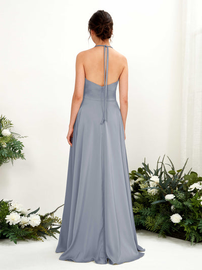Carlyna Jocelyn A-Line Dusty Blue Satin Bridesmaid Dress Maxi Sleeveless Halter Dress Back View #color_dusty-blue