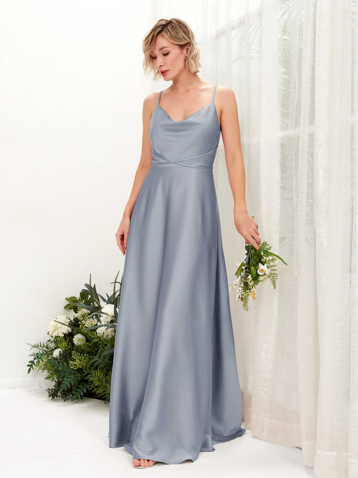 A-line Open back Straps Sleeveless Satin Bridesmaid Dress - Dusty Blue (80223178)