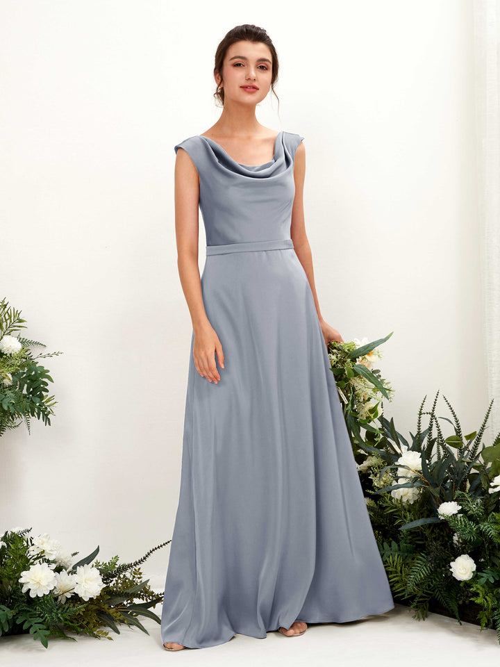 A-line Scoop Sleeveless Satin Bridesmaid Dress - Dusty Blue (80221278)