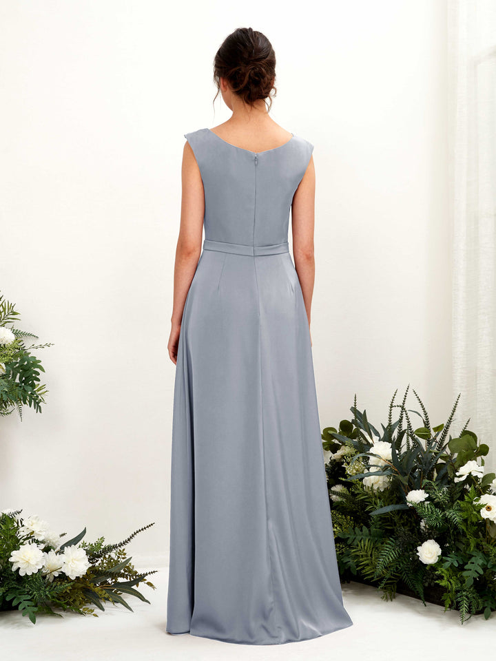 Dusty Blue Satin Cowl Neck Bridesmaid Dress A-Line Floor-Length