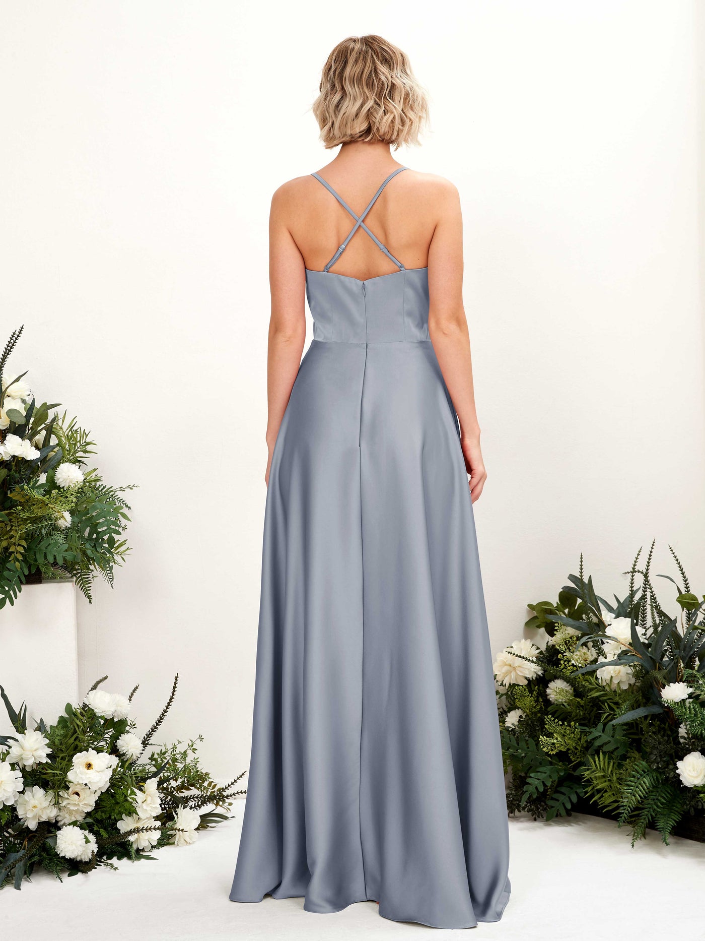 A-line Straps V-neck Satin Bridesmaid Dress - Dusty Blue (80224878)#color_dusty-blue