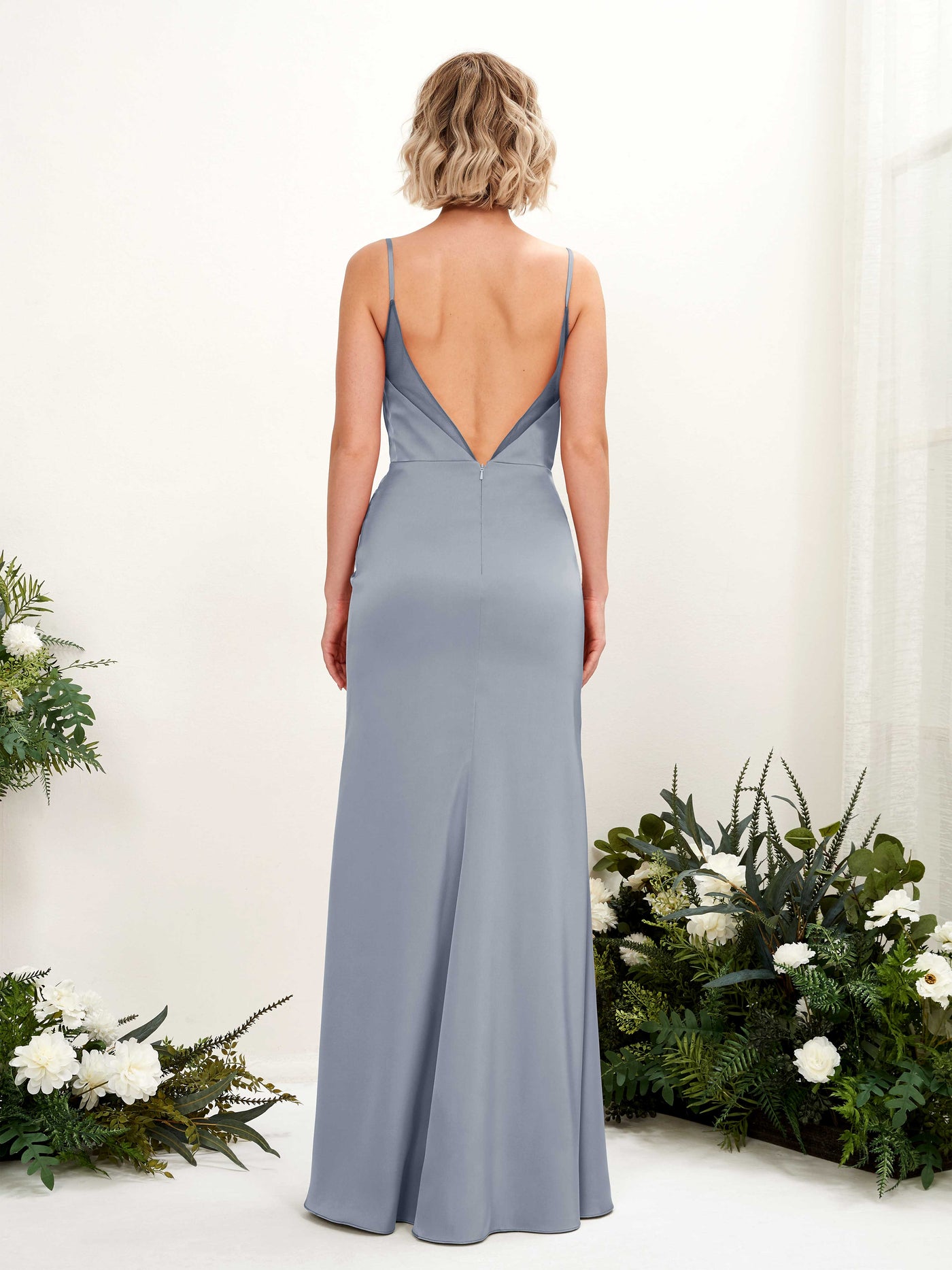 Open back Sexy Slit Spaghetti-straps Satin Bridesmaid Dress - Dusty Blue (80222678)#color_dusty-blue