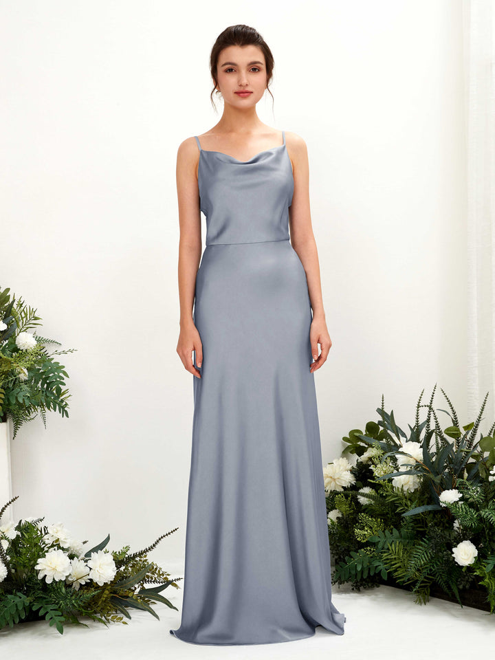 Dusty Blue Satin Bridesmaid Dress A-Line Maxi Cowl Neck | Carlyna Dusty Blue Satin Bridesmaid Dress A-Line Maxi Cowl Neck | Carlyna