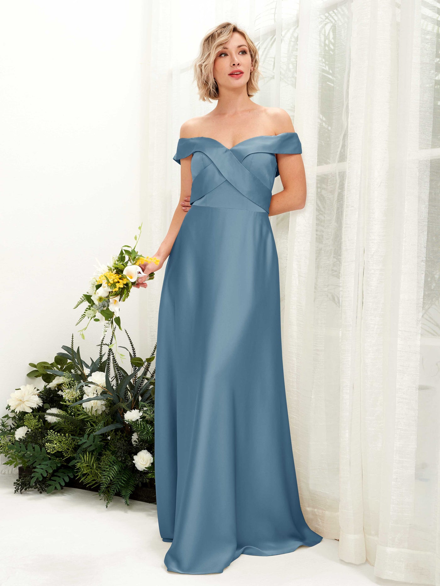 A-line Ball Gown Off Shoulder Sweetheart Satin Bridesmaid Dress - Ink blue (80224214)#color_ink-blue