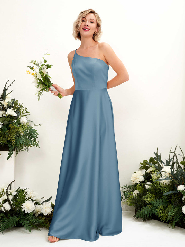 A-line Ball Gown One Shoulder Sleeveless Satin Bridesmaid Dress - Ink blue (80224714)