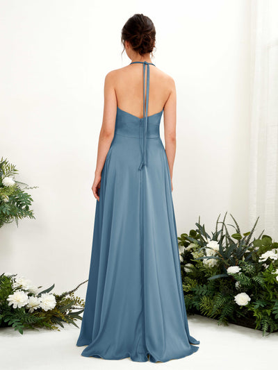 Carlyna Jocelyn A-Line Ink blue Satin Bridesmaid Dress Maxi Sleeveless Halter Dress Back View #color_ink-blue