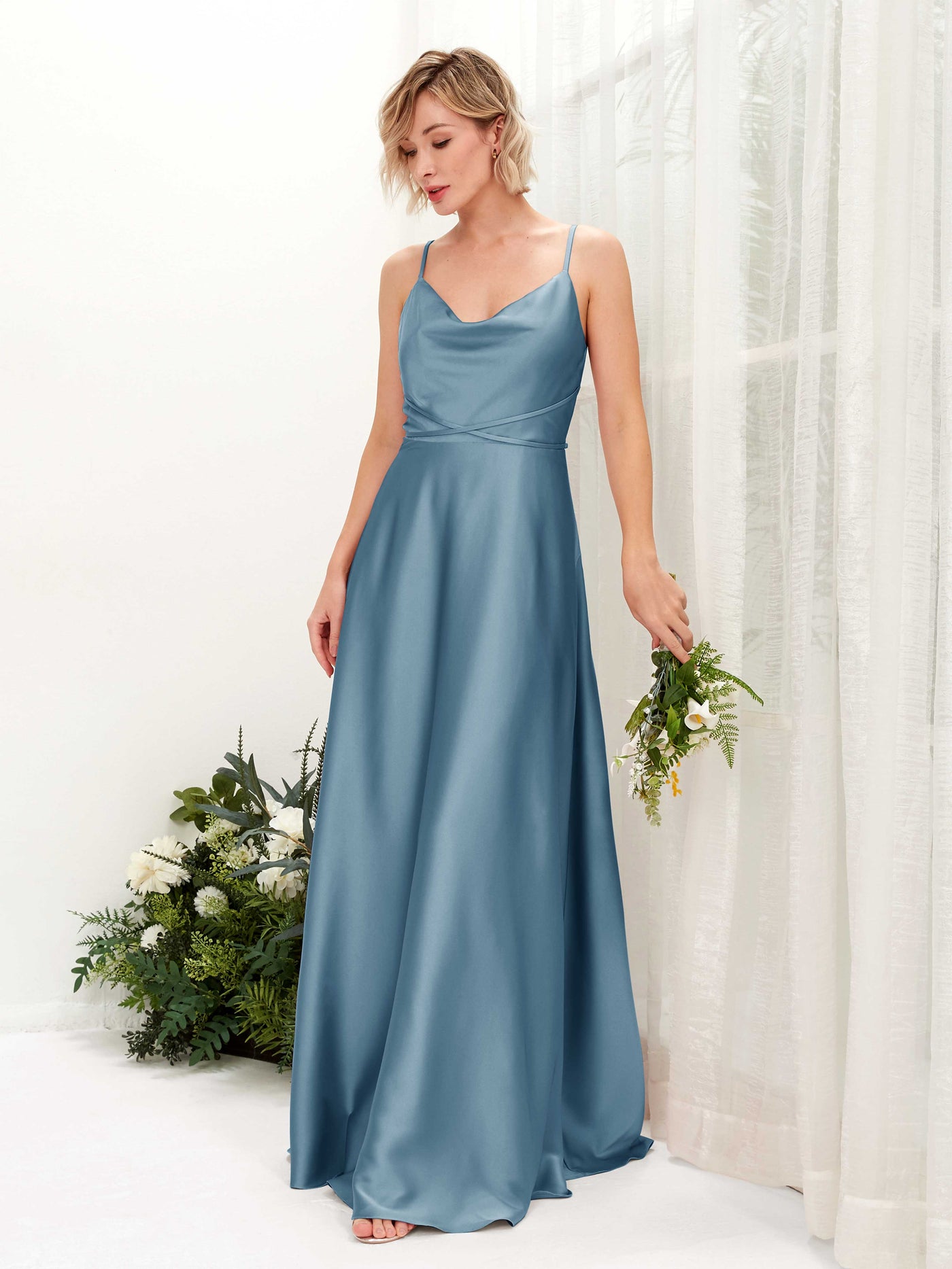 A-line Open back Straps Sleeveless Satin Bridesmaid Dress - Ink blue (80223114)#color_ink-blue