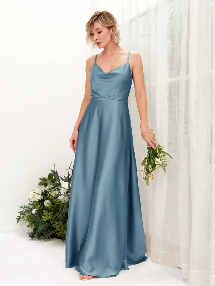 Ink blue Satin Cowl Neck Bridesmaid Dress A-Line Floor-Length