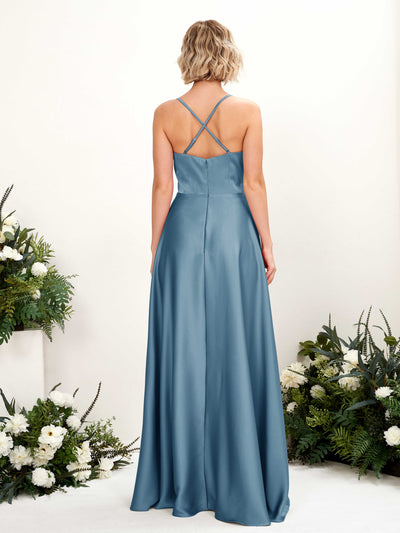 Carlyna Lenoya A-Line Ink blue Satin Bridesmaid Dress Maxi Sleeveless V-Neck Dress Back View #color_ink-blue