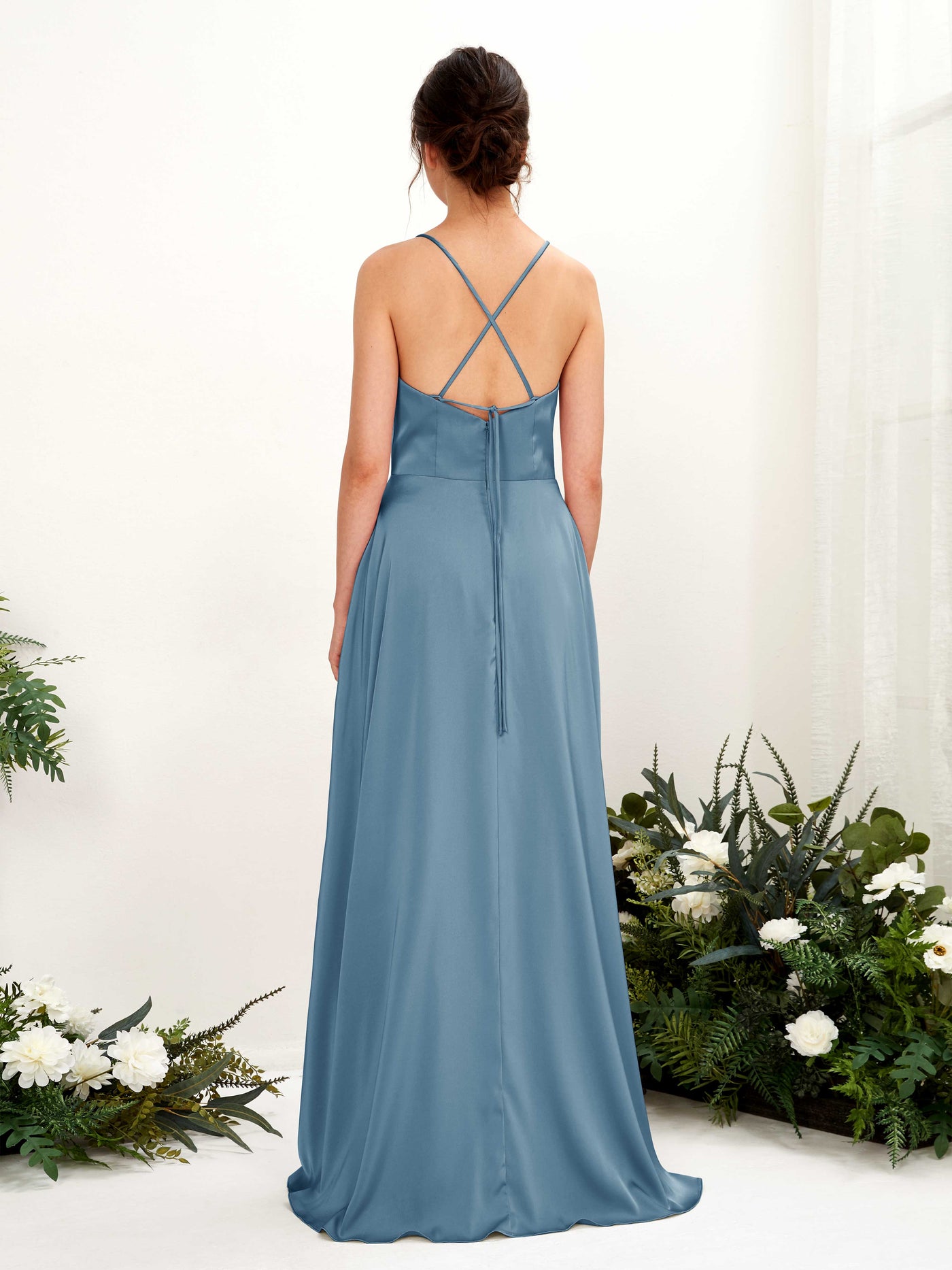 Ball Gown Sexy Slit Straps Sleeveless Satin Bridesmaid Dress - Ink blue (80221114)#color_ink-blue