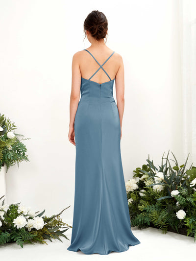Carlyna Mavis Slim Ink blue Satin Bridesmaid Dress Maxi Sleeveless Cowl Neck Dress Back View #color_ink-blue