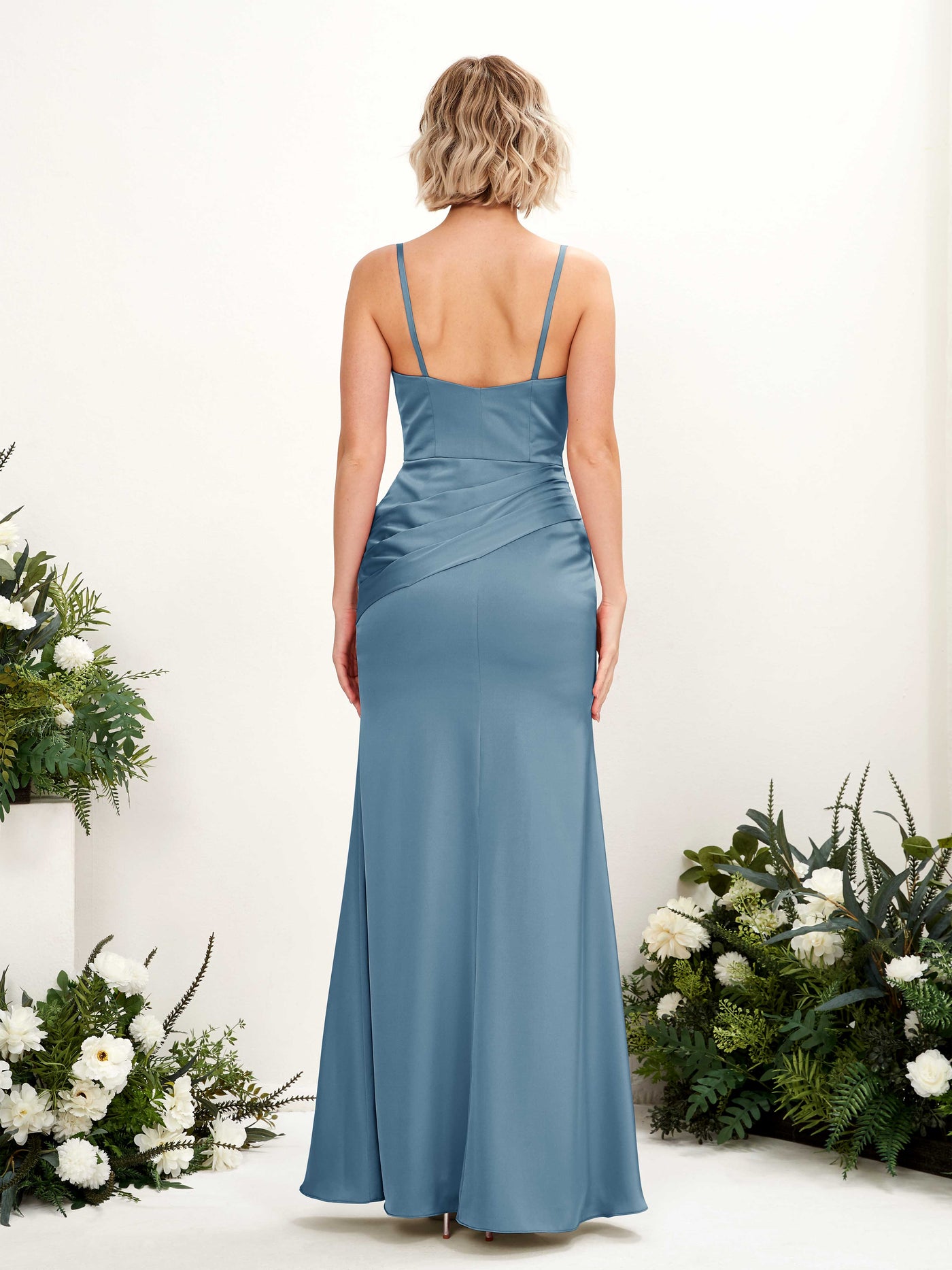 Straps V-neck Sleeveless Satin Bridesmaid Dress - Ink blue (80220814)#color_ink-blue