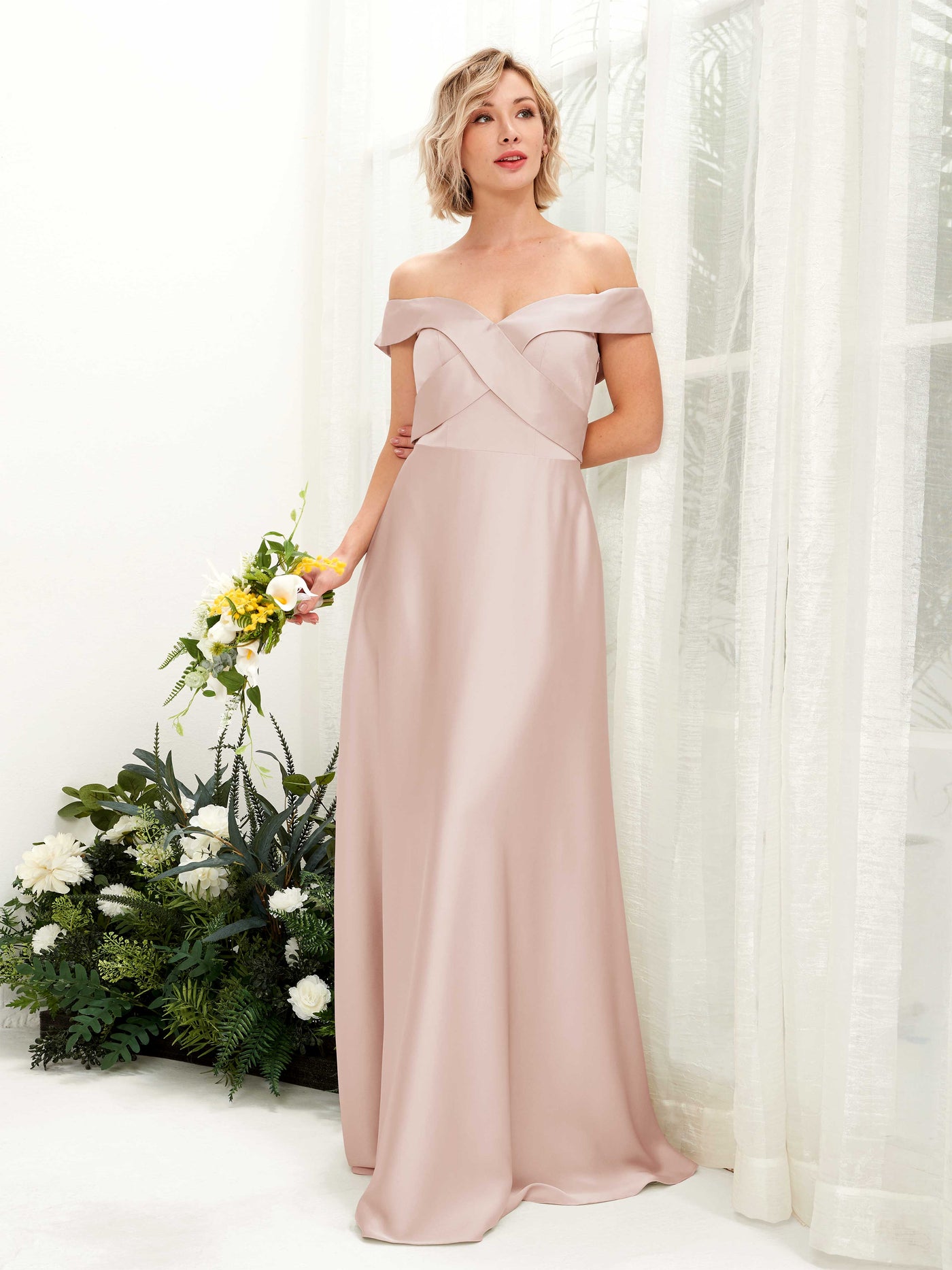 Steel Gray Satin Bridesmaid Dress A-Line Maxi Off-the-Shoulder | Carlyna Steel Gray Satin Bridesmaid Dress A-Line Maxi Off-the-Shoulder | Carlyna