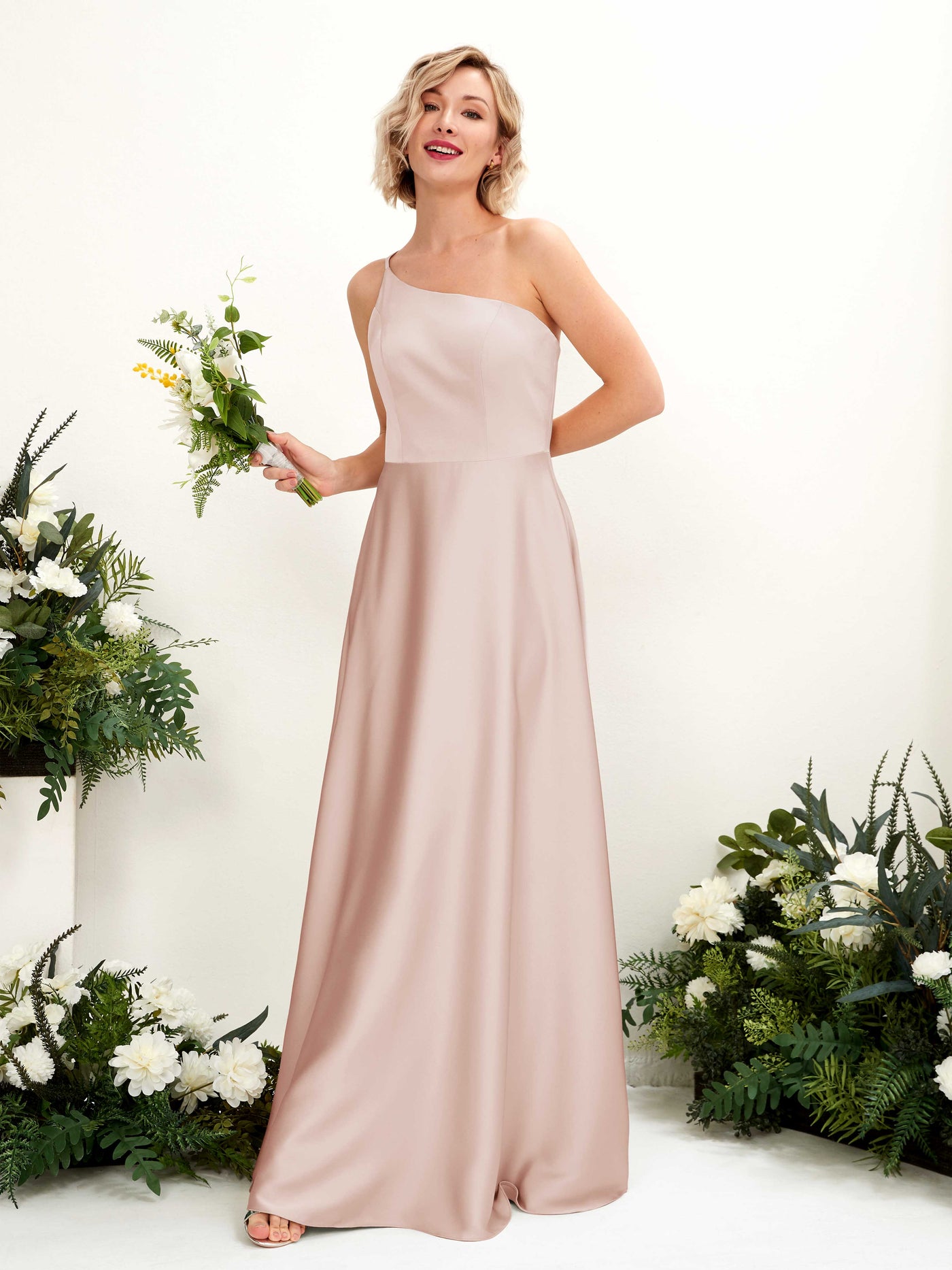 A-line Ball Gown One Shoulder Sleeveless Satin Bridesmaid Dress - Pearl Pink (80224710)#color_pearl-pink