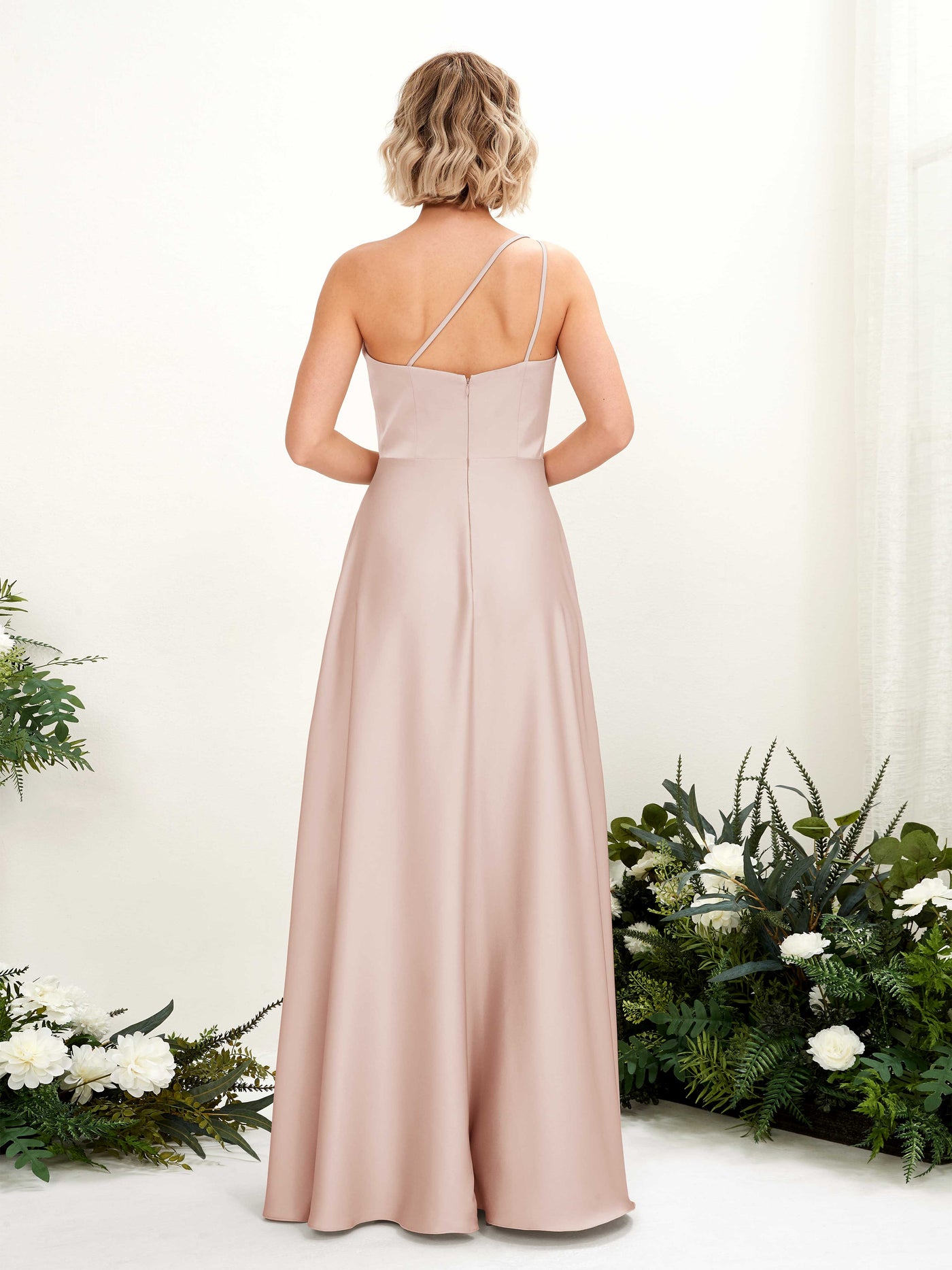 A-line Ball Gown One Shoulder Sleeveless Satin Bridesmaid Dress - Pearl Pink (80224710)#color_pearl-pink
