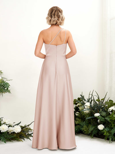 Carlyna Dinah A-Line Pearl Pink Satin Bridesmaid Dress Maxi Sleeveless One Shoulder Dress Back View #color_pearl-pink
