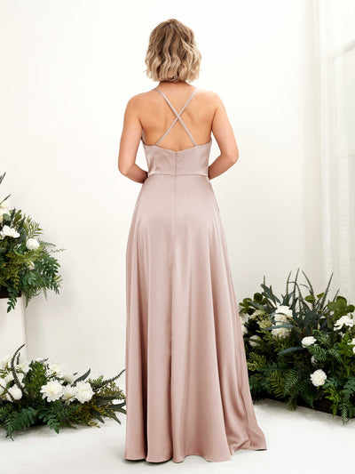 Carlyna Nydia A-Line Pearl Pink Satin Bridesmaid Dress Maxi Sleeveless Cowl Neck Dress Back View #color_pearl-pink