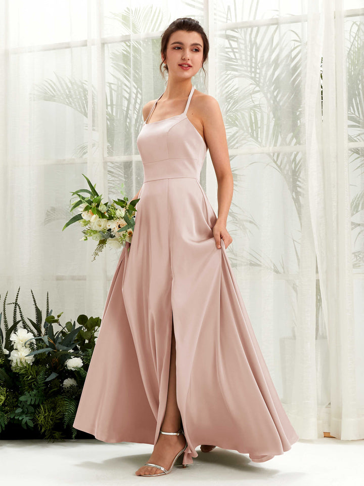 A-line Open back Sexy Slit Halter Bridesmaid Dress - Pearl Pink (80223910)