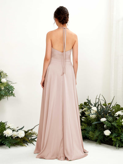 Carlyna Jocelyn A-Line Pearl Pink Satin Bridesmaid Dress Maxi Sleeveless Halter Dress Back View #color_pearl-pink