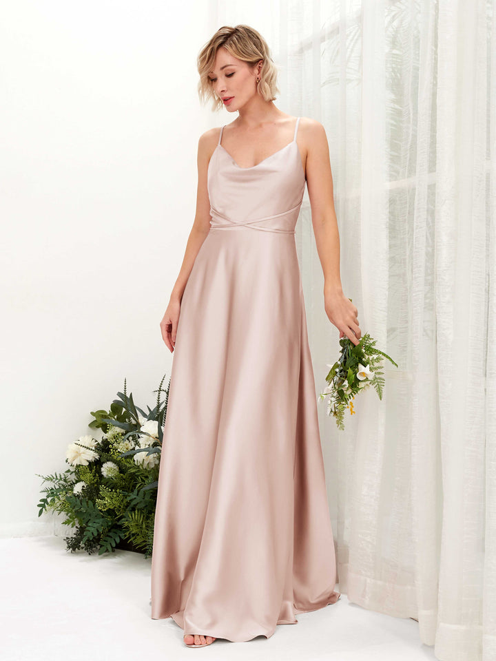 Pearl Pink Satin Cowl Neck Bridesmaid Dress A-Line Floor-Length