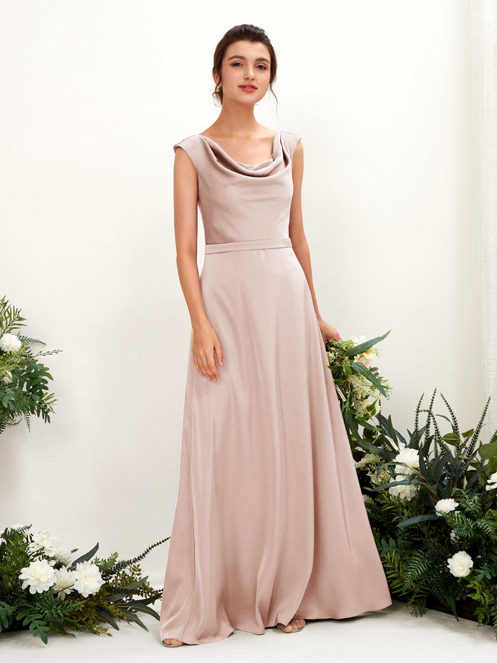 Pearl Pink Satin Cowl Neck Bridesmaid Dress A-Line Floor-Length