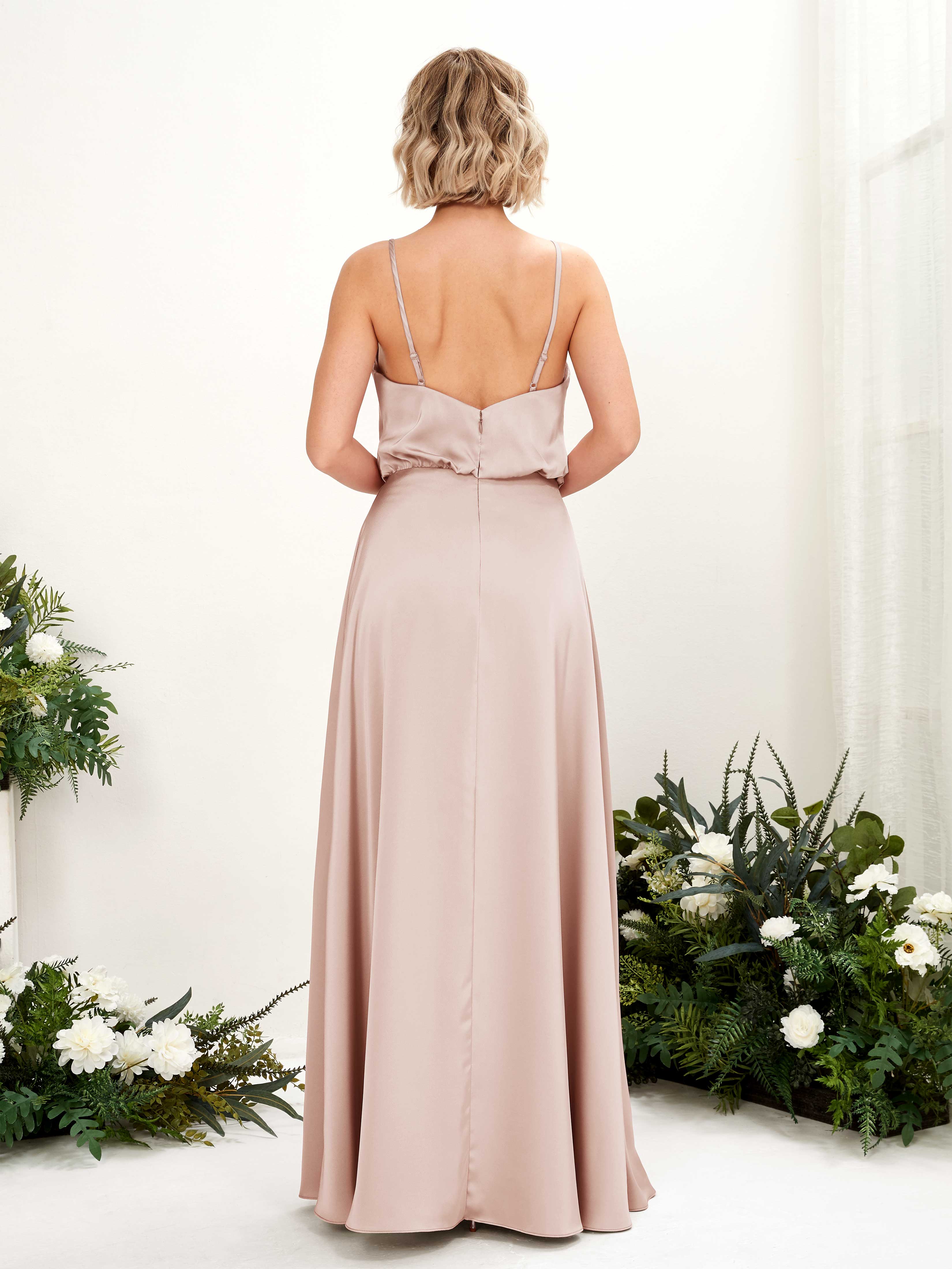 Champagne Satin V-Neck Bridesmaid Dress A-Line Floor-Length | Carlyna Champagne Satin V-Neck Bridesmaid Dress A-Line Floor-Length | Carlyna