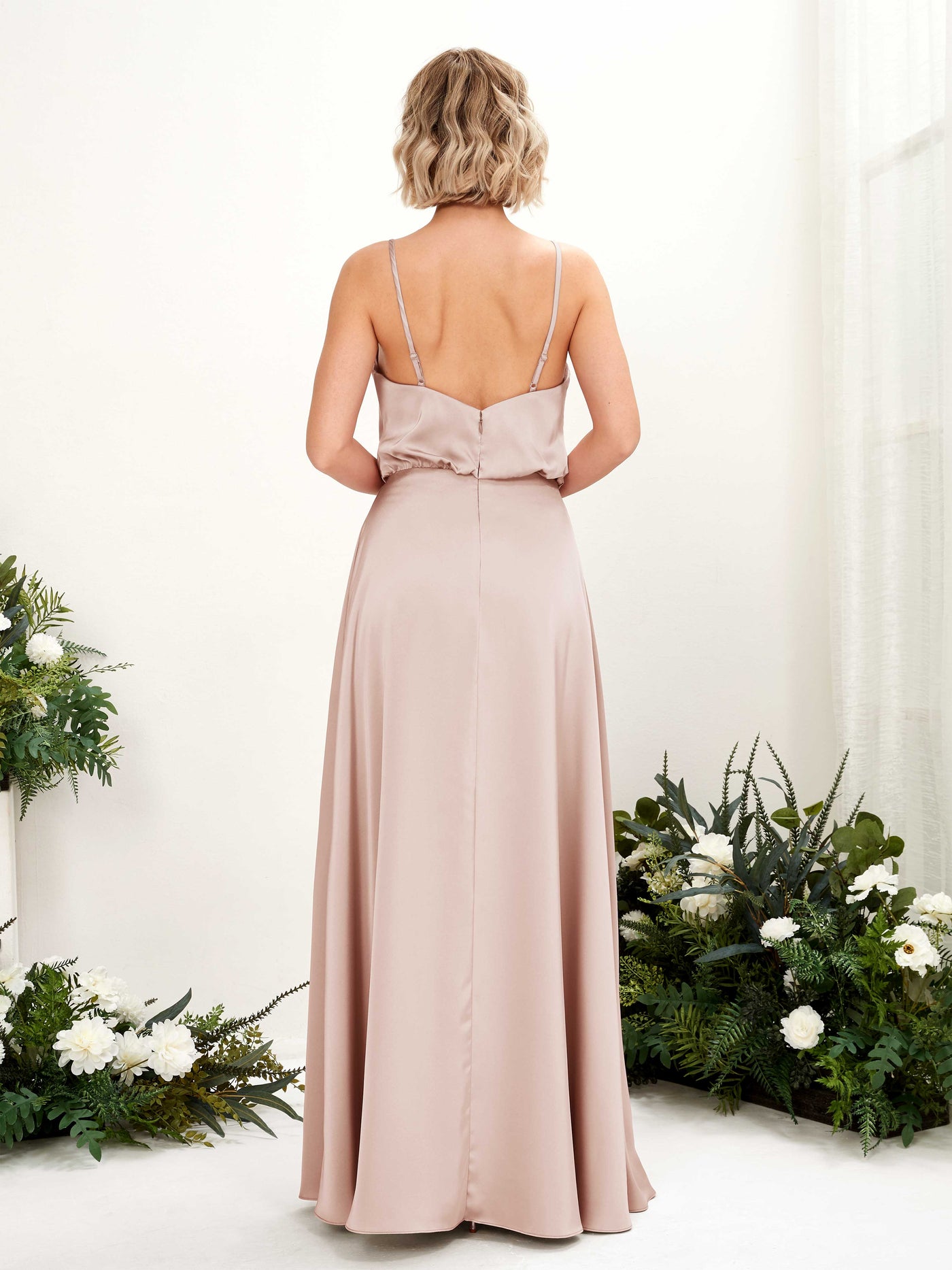 A-line Sexy Slit Spaghetti-straps V-neck Satin Bridesmaid Dress - Pearl Pink (80224510)#color_pearl-pink