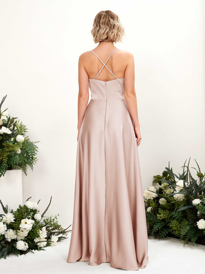 Carlyna Lenoya A-Line Pearl Pink Satin Bridesmaid Dress Maxi Sleeveless V-Neck Dress Back View #color_pearl-pink