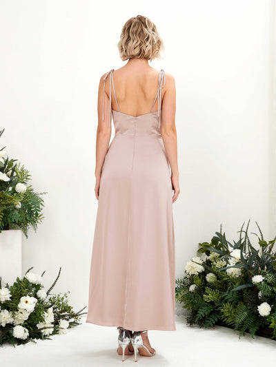 Carlyna Viola Sheath Pearl Pink Satin Bridesmaid Dress Midi Sleeveless Cowl Neck Dress Back View #color_pearl-pink