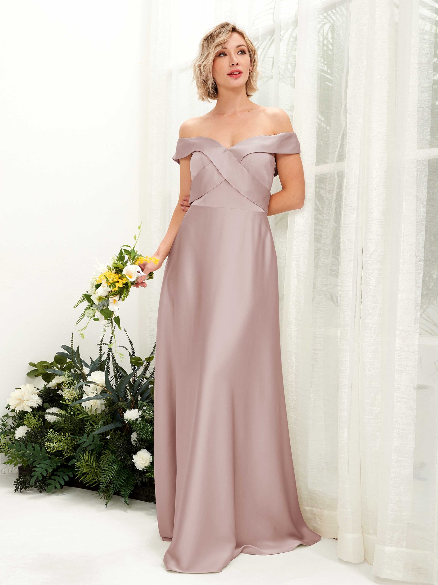 Champagne Satin Bridesmaid Dress A-Line Maxi Off-the-Shoulder