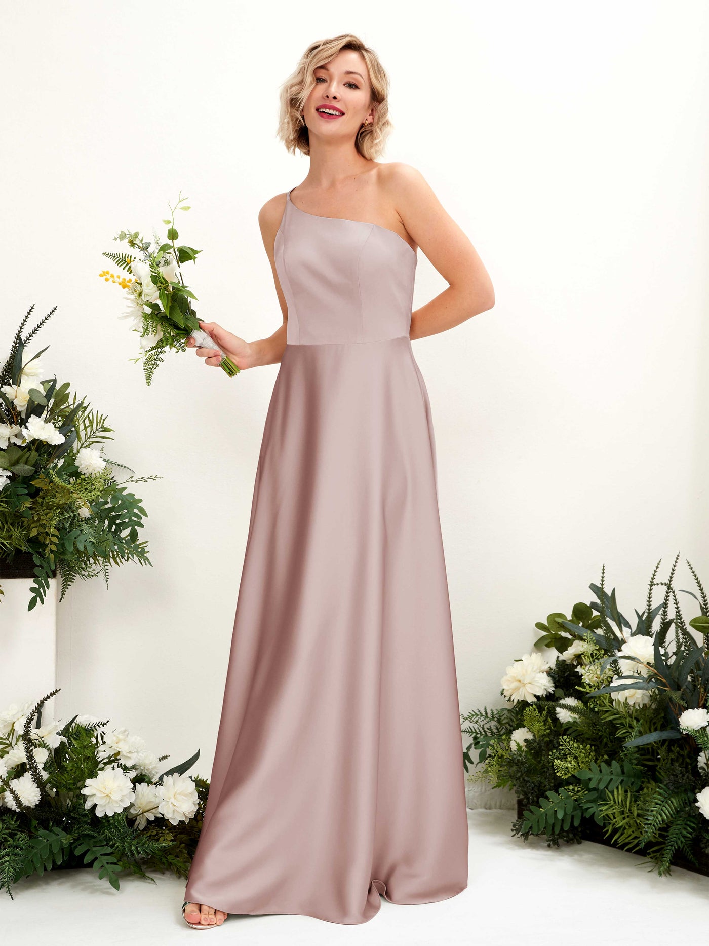 A-line Ball Gown One Shoulder Sleeveless Satin Bridesmaid Dress - Dusty Rose (80224754)#color_dusty-rose
