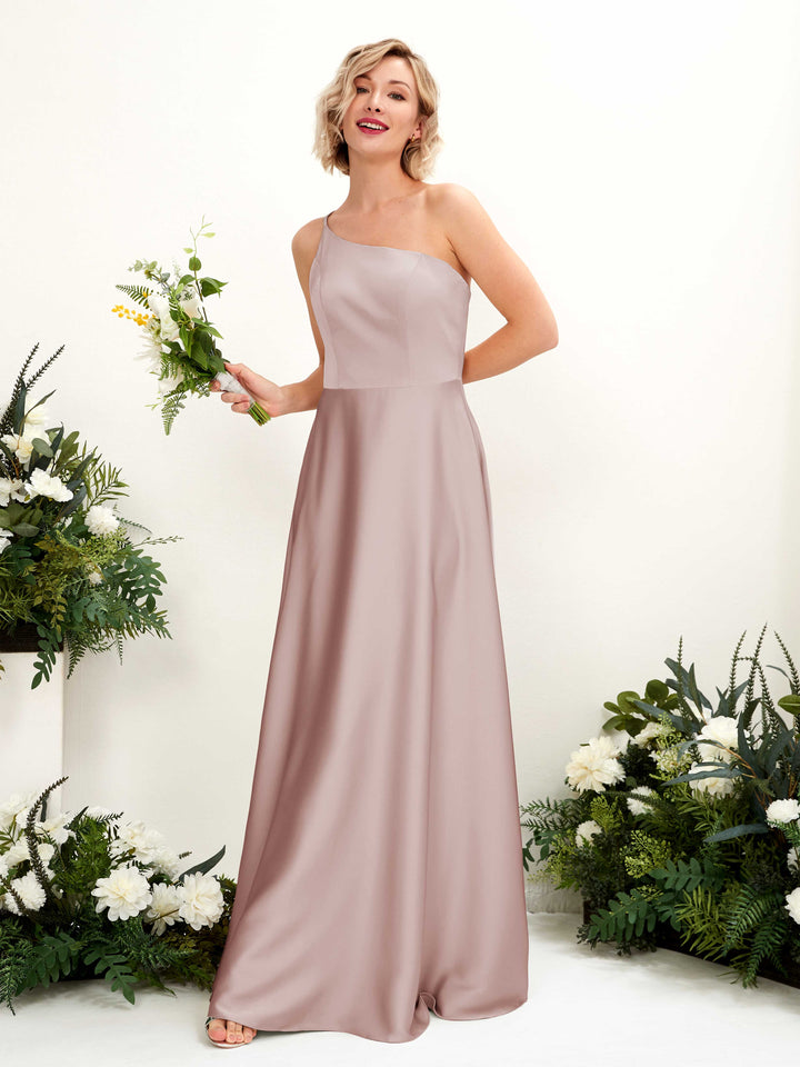A-line Ball Gown One Shoulder Sleeveless Satin Bridesmaid Dress - Dusty Rose (80224754)