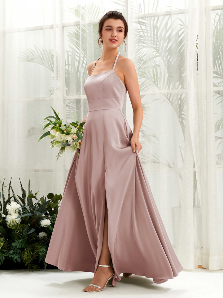 A-line Open back Sexy Slit Halter Bridesmaid Dress - Dusty Rose (80223954)
